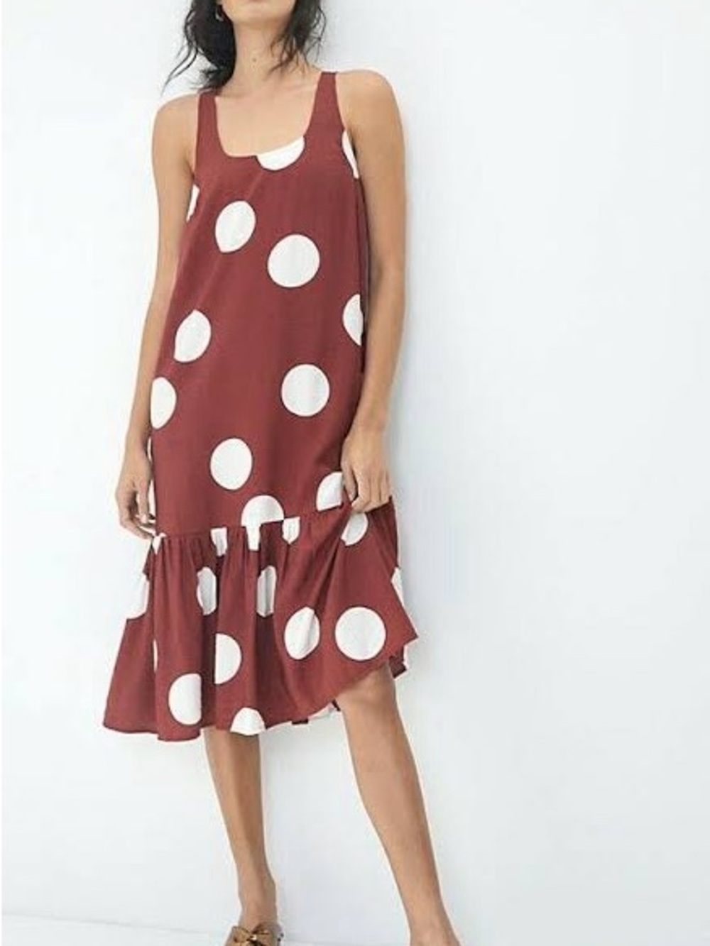 Anthropologie Michaela Flounced Polka Dots Maxi Dress maroon medium